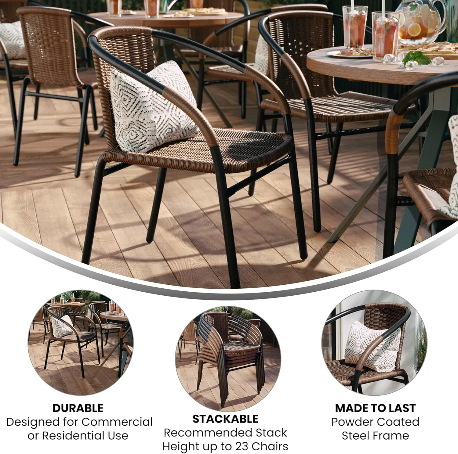 EMMA   OLIVER 2 Pack Medium Brown Rattan Indoor-Outdoor Restaurant Stack Chair with Curved Back
