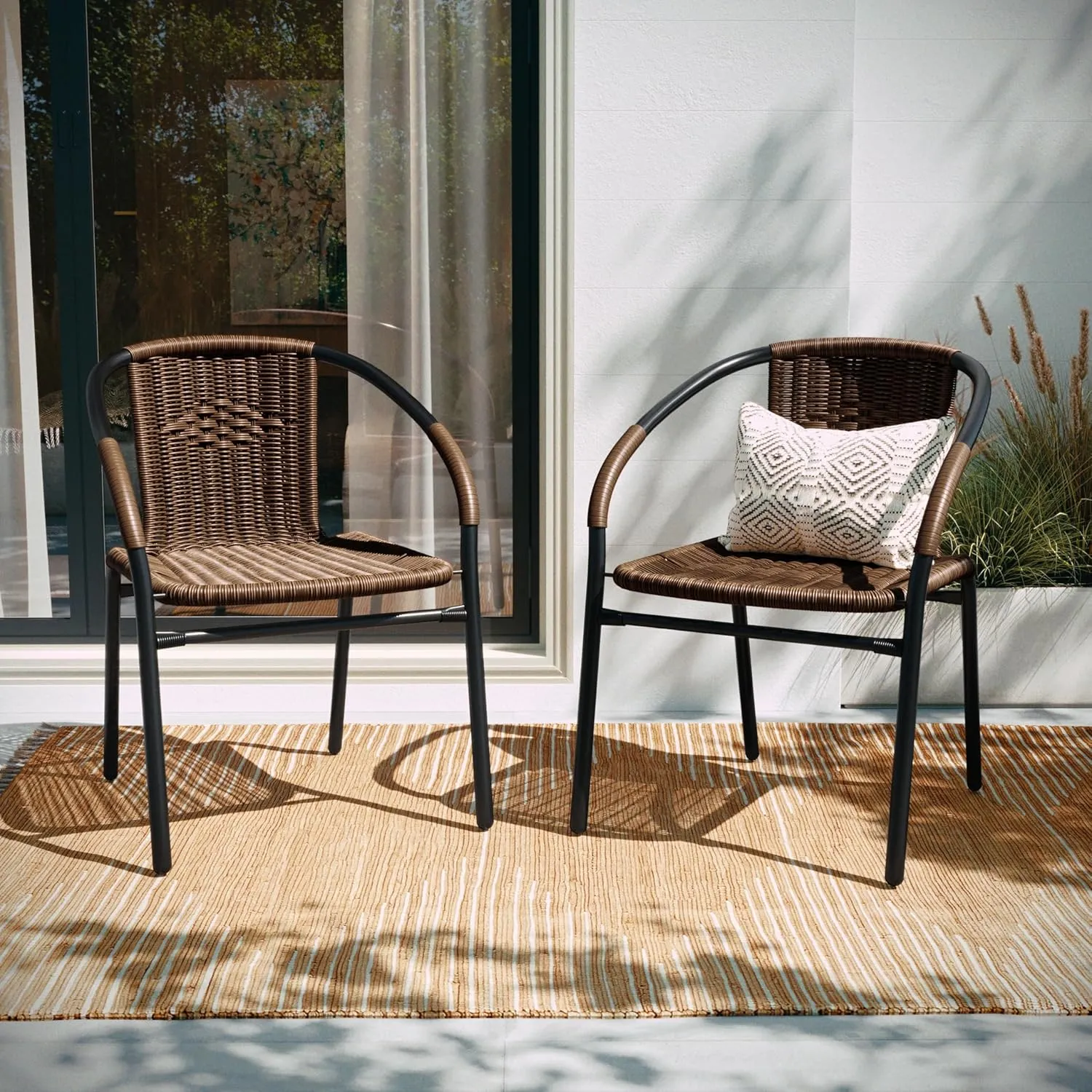 EMMA   OLIVER 2 Pack Medium Brown Rattan Indoor-Outdoor Restaurant Stack Chair with Curved Back