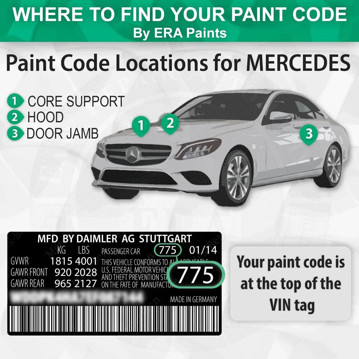 ERA Paints 412/6412 - Vaillant Green for MERCEDES Exact Match Automotive Spray Paint Spray - Essential Kit w/ 2K 3680061 Clearcoat