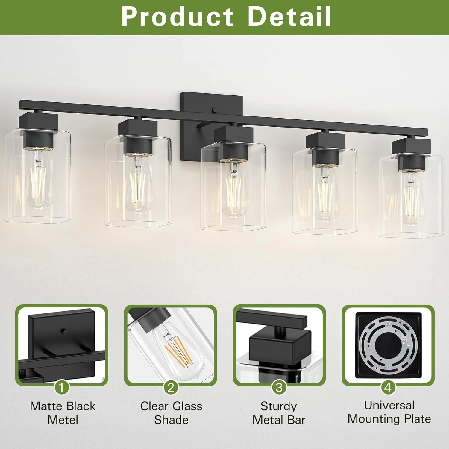 Espird 5 Light Bathroom Vanity Light - Matte Black Bathroom Light Fixtures Square Design & UL Certification, 31 Inch Black Bath Room Lighting Fixtures Over Mirror for Living Room & Bedroom & Restroom