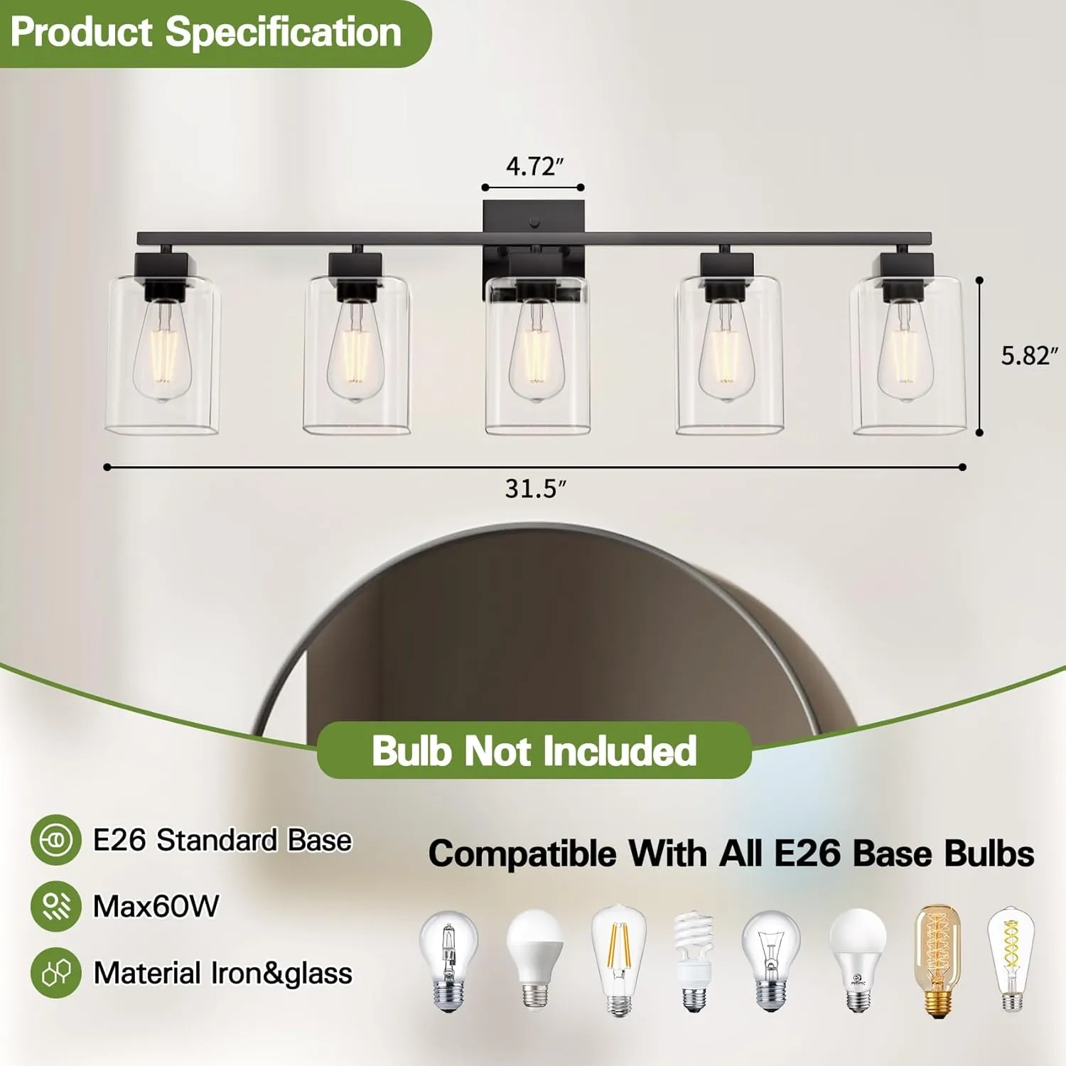 Espird 5 Light Bathroom Vanity Light - Matte Black Bathroom Light Fixtures Square Design & UL Certification, 31 Inch Black Bath Room Lighting Fixtures Over Mirror for Living Room & Bedroom & Restroom