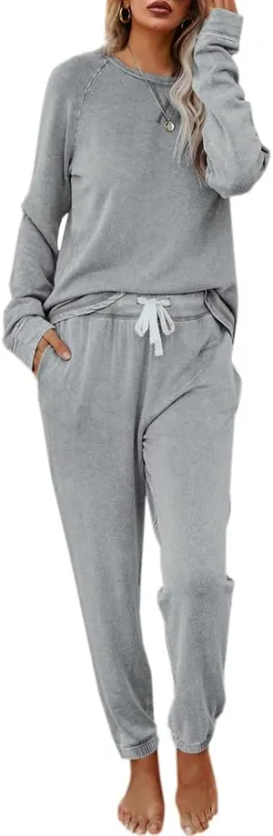 Eurivicy Women's Solid Sweatsuit Set 2 Piece Long Sleeve Pullover and Drawstring Sweatpants Sport Outfits Sets