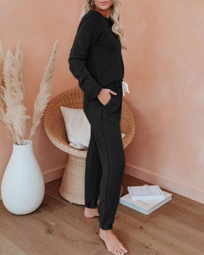 Eurivicy Women's Solid Sweatsuit Set 2 Piece Long Sleeve Pullover and Drawstring Sweatpants Sport Outfits Sets