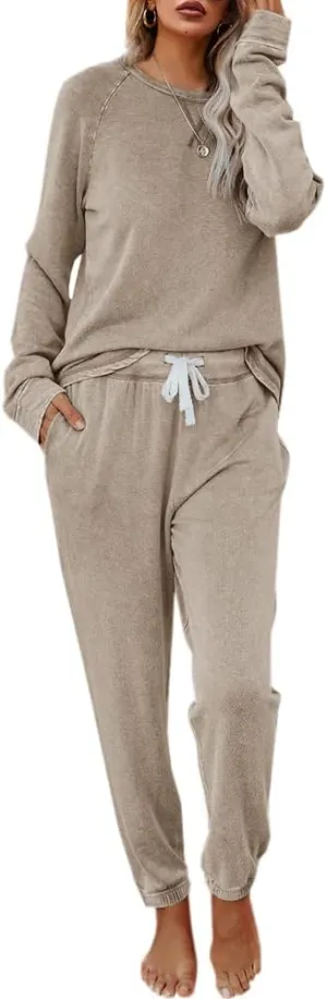 Eurivicy Women's Solid Sweatsuit Set 2 Piece Long Sleeve Pullover and Drawstring Sweatpants Sport Outfits Sets