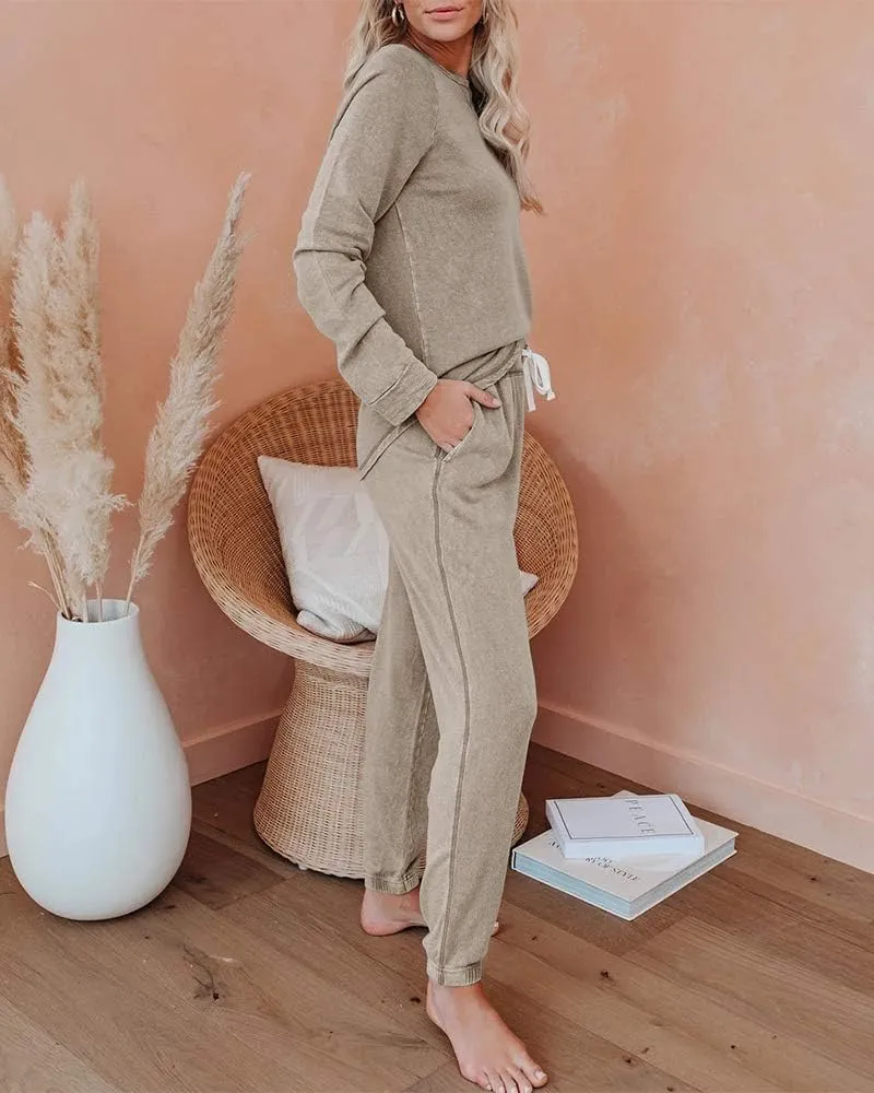 Eurivicy Women's Solid Sweatsuit Set 2 Piece Long Sleeve Pullover and Drawstring Sweatpants Sport Outfits Sets