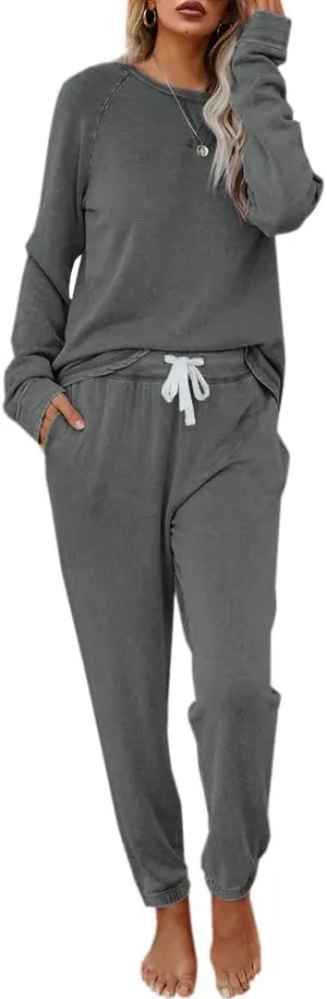 Eurivicy Women's Solid Sweatsuit Set 2 Piece Long Sleeve Pullover and Drawstring Sweatpants Sport Outfits Sets