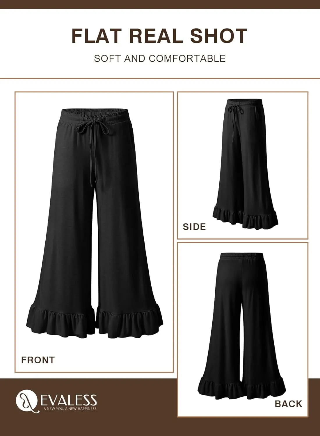 EVALESS Womens Wide Leg Pants Drawstring Elastic High Waisted Ruffle Hem Palazzo Pants with Pockets