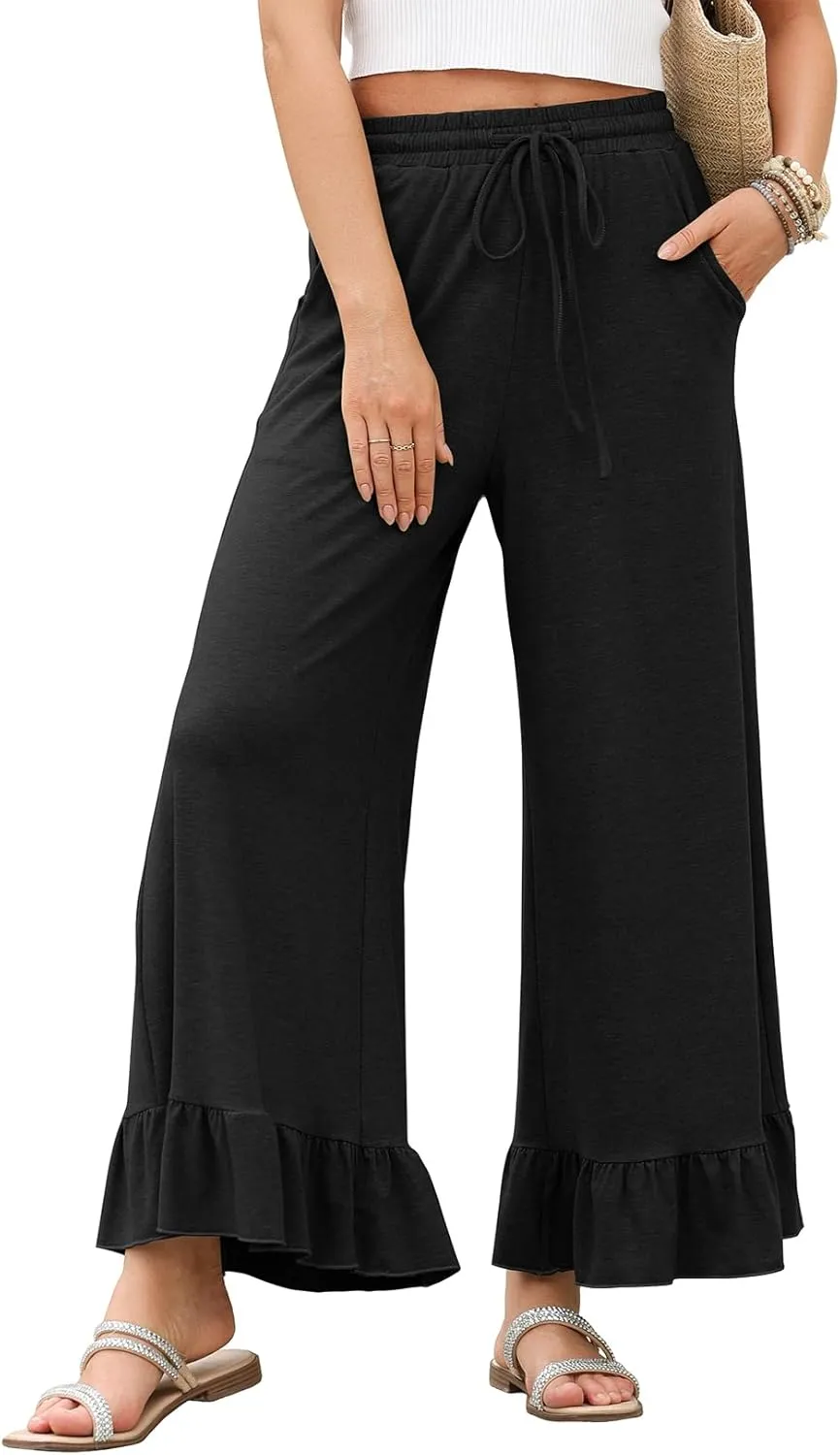 EVALESS Womens Wide Leg Pants Drawstring Elastic High Waisted Ruffle Hem Palazzo Pants with Pockets