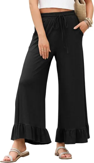 EVALESS Womens Wide Leg Pants Drawstring Elastic High Waisted Ruffle Hem Palazzo Pants with Pockets