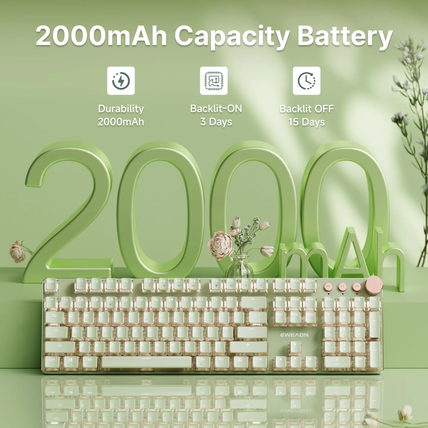 EWEADN V20 Typewriter Keyboard Wireless, 104 Keys Typewriter Style Mechanical with White Backlit, Media Knob, Pink Switch 2.4G/Bluetooth/USB-C Wired Retro Keyboard for Windows/Mac/PC-Matcha Green