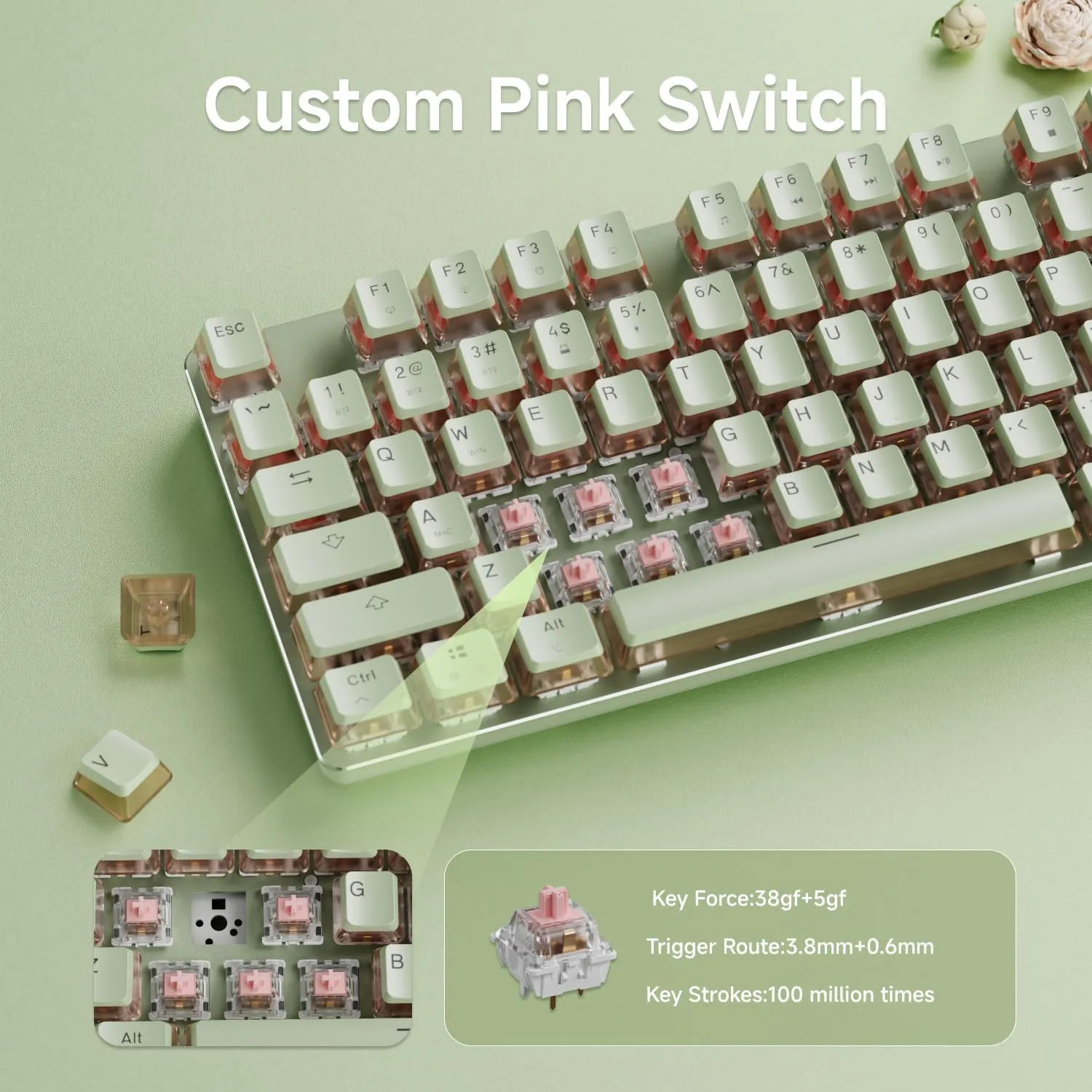 EWEADN V20 Typewriter Keyboard Wireless, 104 Keys Typewriter Style Mechanical with White Backlit, Media Knob, Pink Switch 2.4G/Bluetooth/USB-C Wired Retro Keyboard for Windows/Mac/PC-Matcha Green