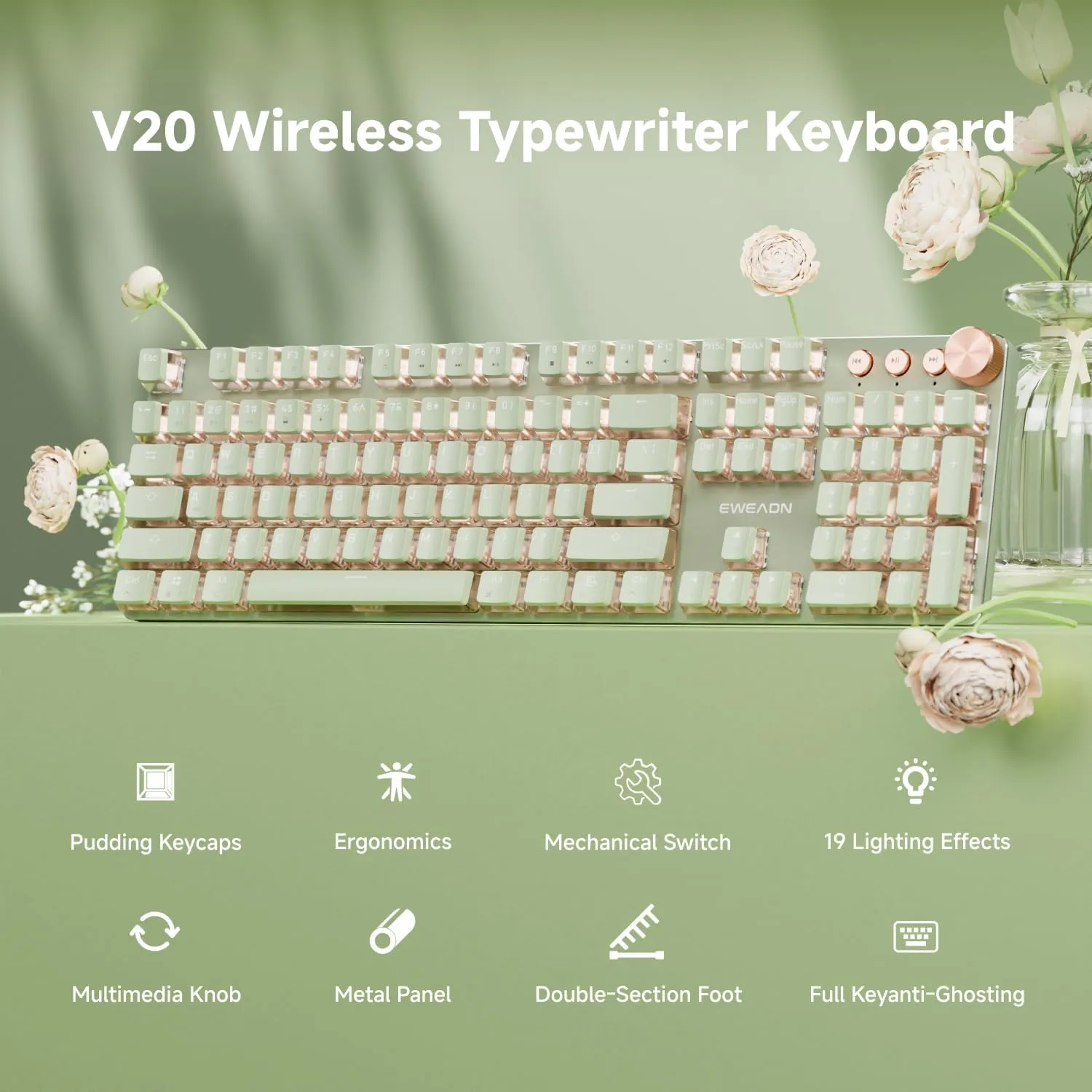 EWEADN V20 Typewriter Keyboard Wireless, 104 Keys Typewriter Style Mechanical with White Backlit, Media Knob, Pink Switch 2.4G/Bluetooth/USB-C Wired Retro Keyboard for Windows/Mac/PC-Matcha Green