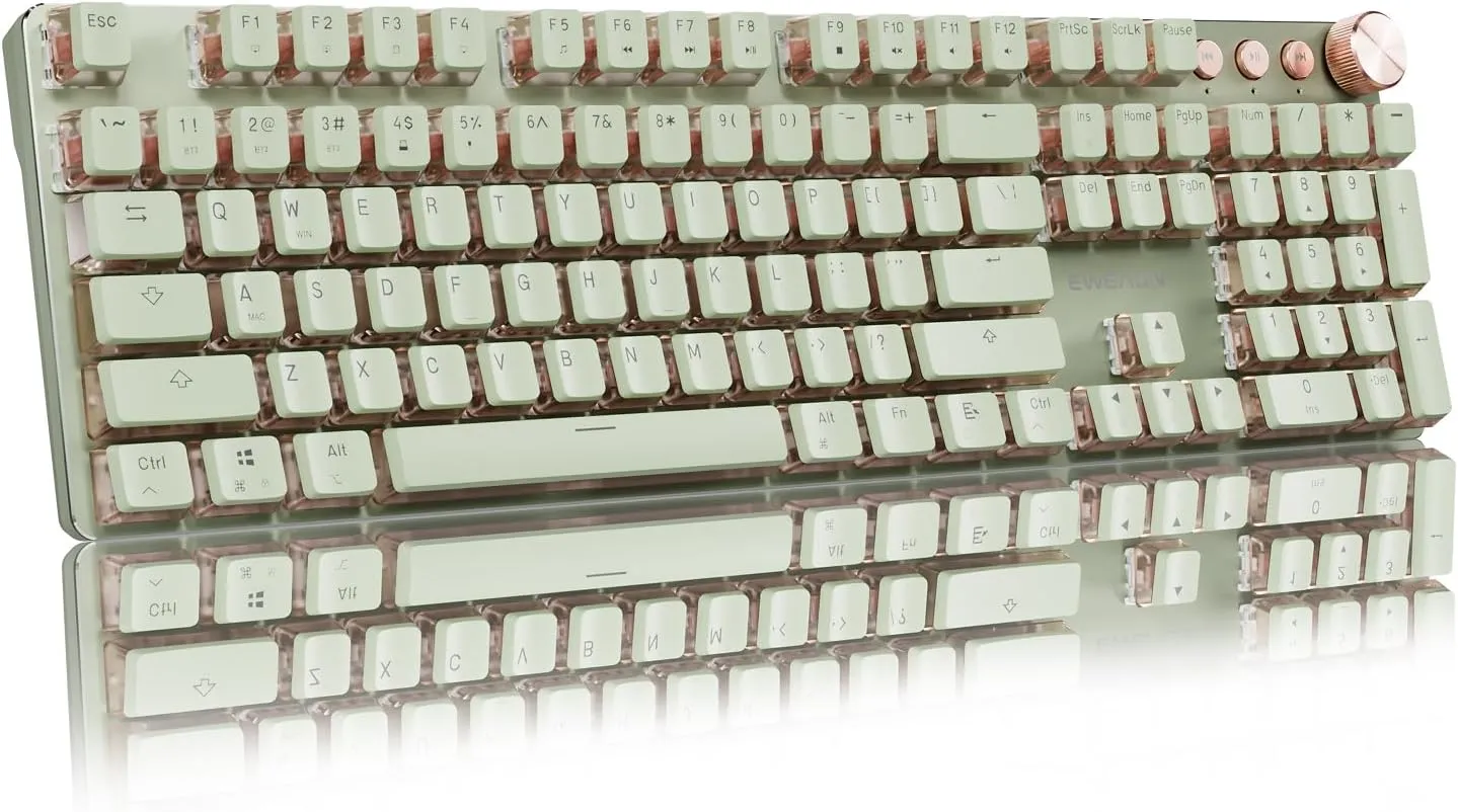 EWEADN V20 Typewriter Keyboard Wireless, 104 Keys Typewriter Style Mechanical with White Backlit, Media Knob, Pink Switch 2.4G/Bluetooth/USB-C Wired Retro Keyboard for Windows/Mac/PC-Matcha Green