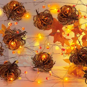 Fall Garland Lights 15 ft 45 LED Fall Rattan Pumpkin String Lights Autumn Garland Light LED Pumpkin Decor Fairy Lights Berry String Light Battery Operated for Thanksgiving Halloween Xmas Indoor Decor