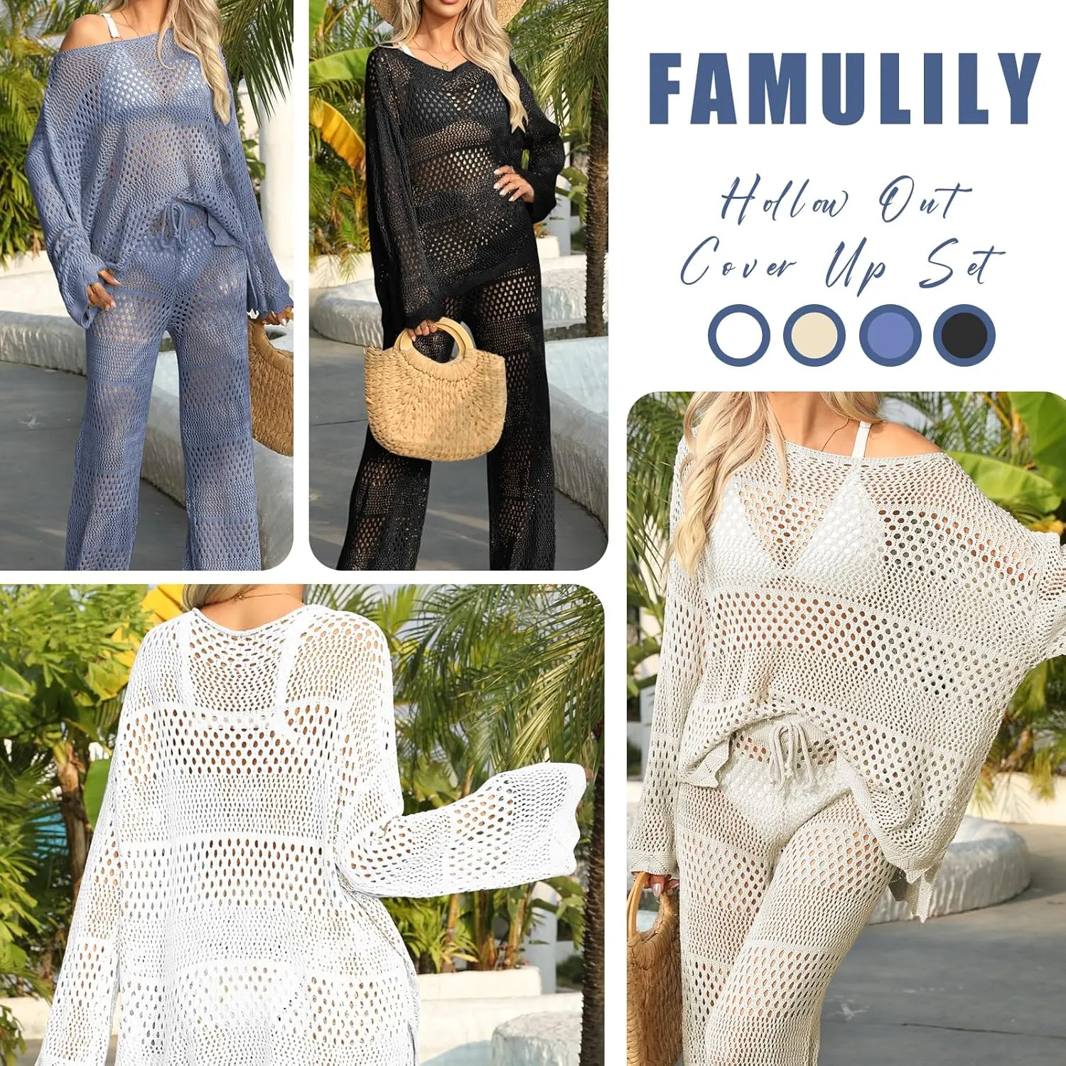 Famulily Womens 2 Piece Crochet Outfits Sexy Hollow Out Cover Up Sets Long Sleeve Tops and Drawstring Long Pants Matching Set