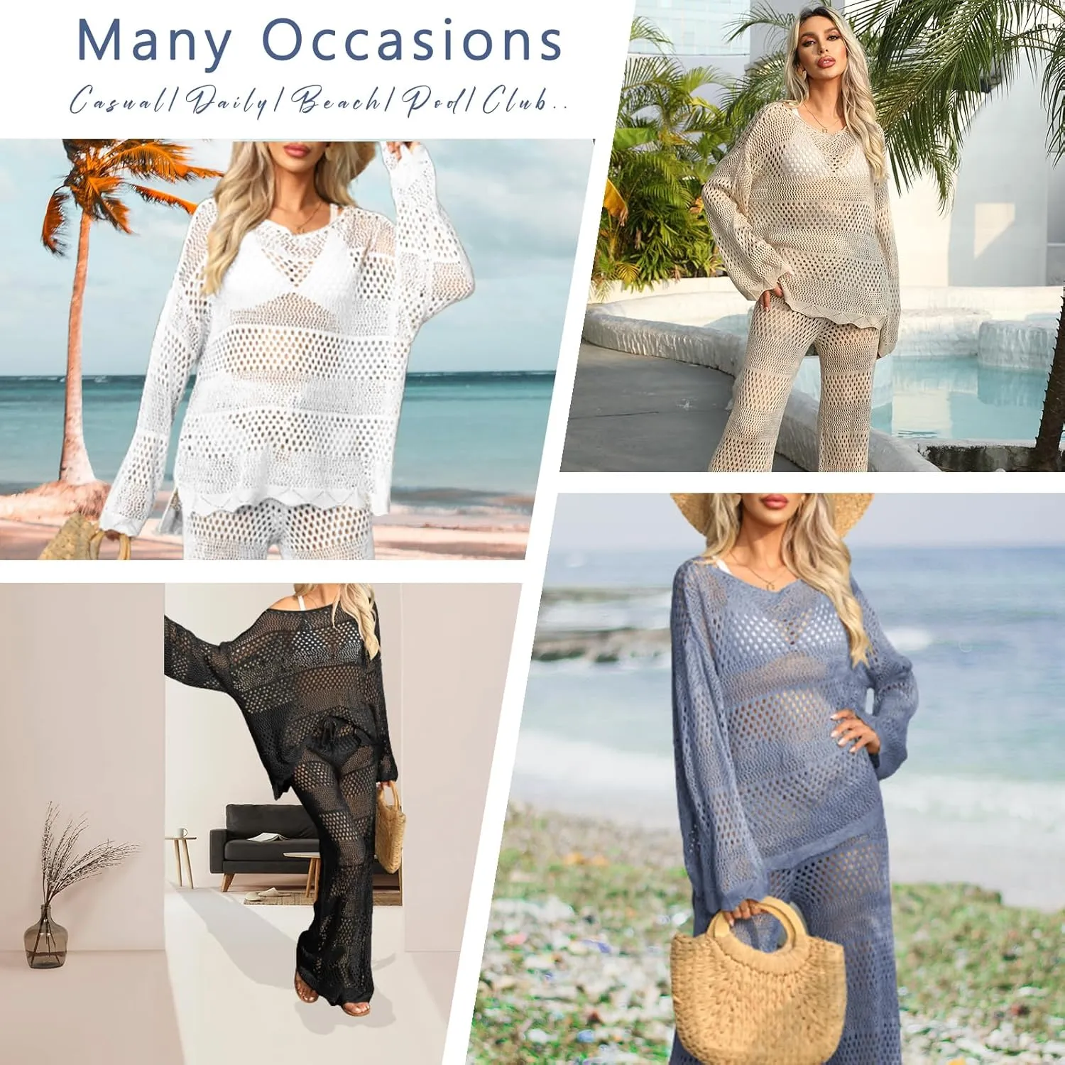 Famulily Womens 2 Piece Crochet Outfits Sexy Hollow Out Cover Up Sets Long Sleeve Tops and Drawstring Long Pants Matching Set