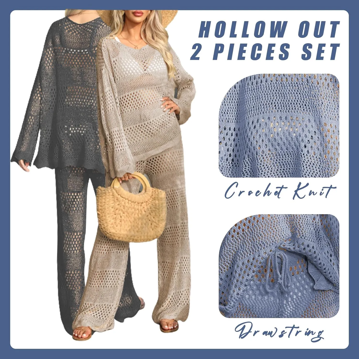 Famulily Womens 2 Piece Crochet Outfits Sexy Hollow Out Cover Up Sets Long Sleeve Tops and Drawstring Long Pants Matching Set