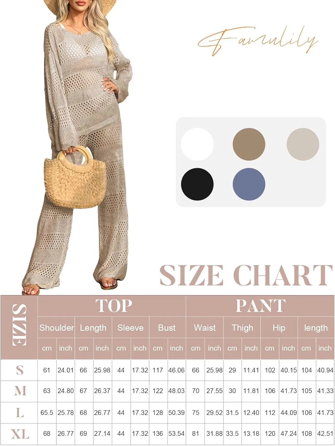 Famulily Womens 2 Piece Crochet Outfits Sexy Hollow Out Cover Up Sets Long Sleeve Tops and Drawstring Long Pants Matching Set