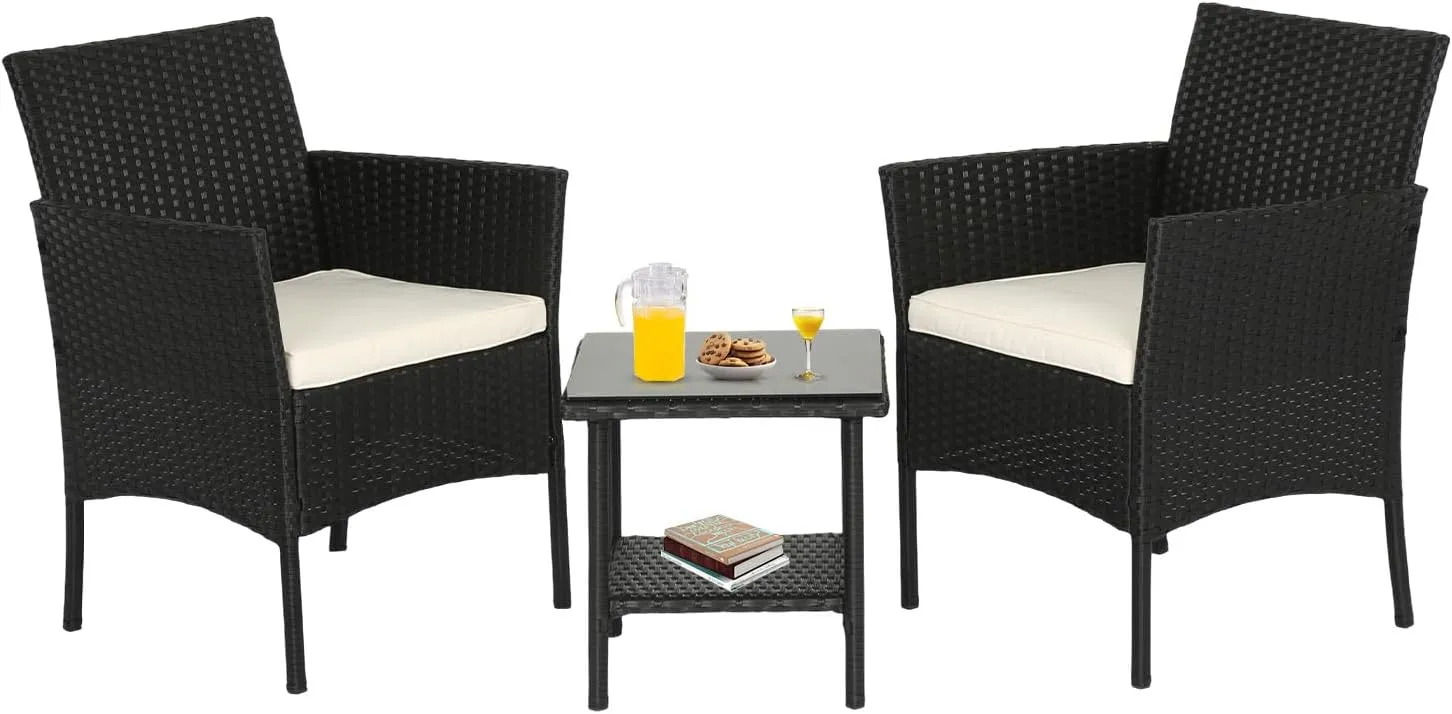 FDW Wicker Outdoor Furniture Patio Furniture Set of 3 Rattan Patio Chairs Outdoor Chairs Patio Conversation Set with Coffee Table for Yard Backyard Lawn Porch Poolside Balcony,Black