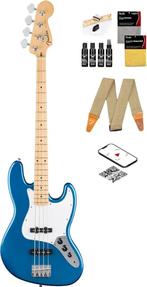 Fender Standard Jazz Bass - Aqua Marine Metallic Bundle with Strap, Guitar Cleaning Kit, and Austin Bazaar Instructional Video