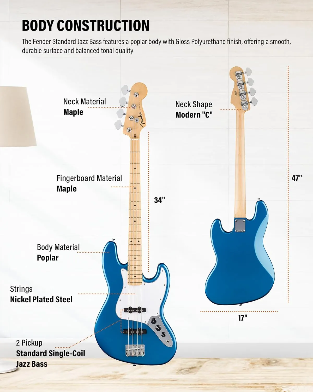 Fender Standard Jazz Bass - Aqua Marine Metallic Bundle with Strap, Guitar Cleaning Kit, and Austin Bazaar Instructional Video