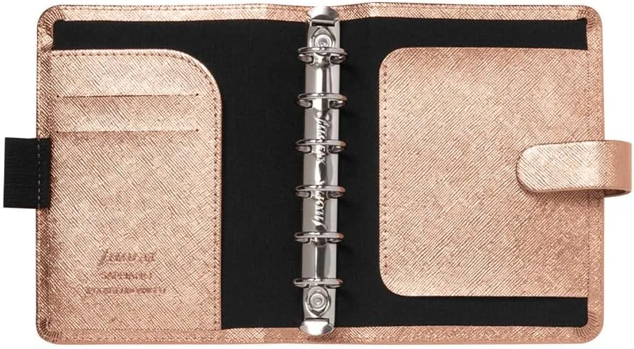 Filofax Saffiano Metallic Organizer, Pocket Size, Rose Gold - Cross-Grain, Leather-Look, Bright Metallic Finish, Six Rings, Week-to-View Calendar Diary, Multilingual, 2025 (C022626-25)