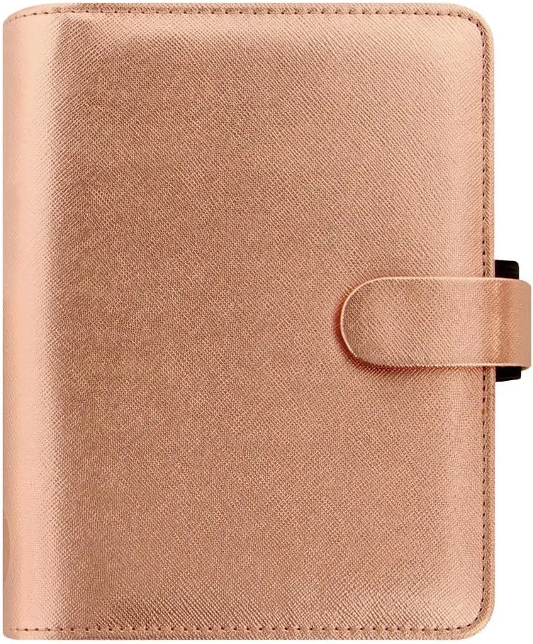 Filofax Saffiano Metallic Organizer, Pocket Size, Rose Gold - Cross-Grain, Leather-Look, Bright Metallic Finish, Six Rings, Week-to-View Calendar Diary, Multilingual, 2025 (C022626-25)