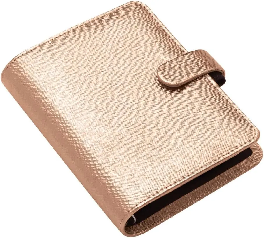 Filofax Saffiano Metallic Organizer, Pocket Size, Rose Gold - Cross-Grain, Leather-Look, Bright Metallic Finish, Six Rings, Week-to-View Calendar Diary, Multilingual, 2025 (C022626-25)