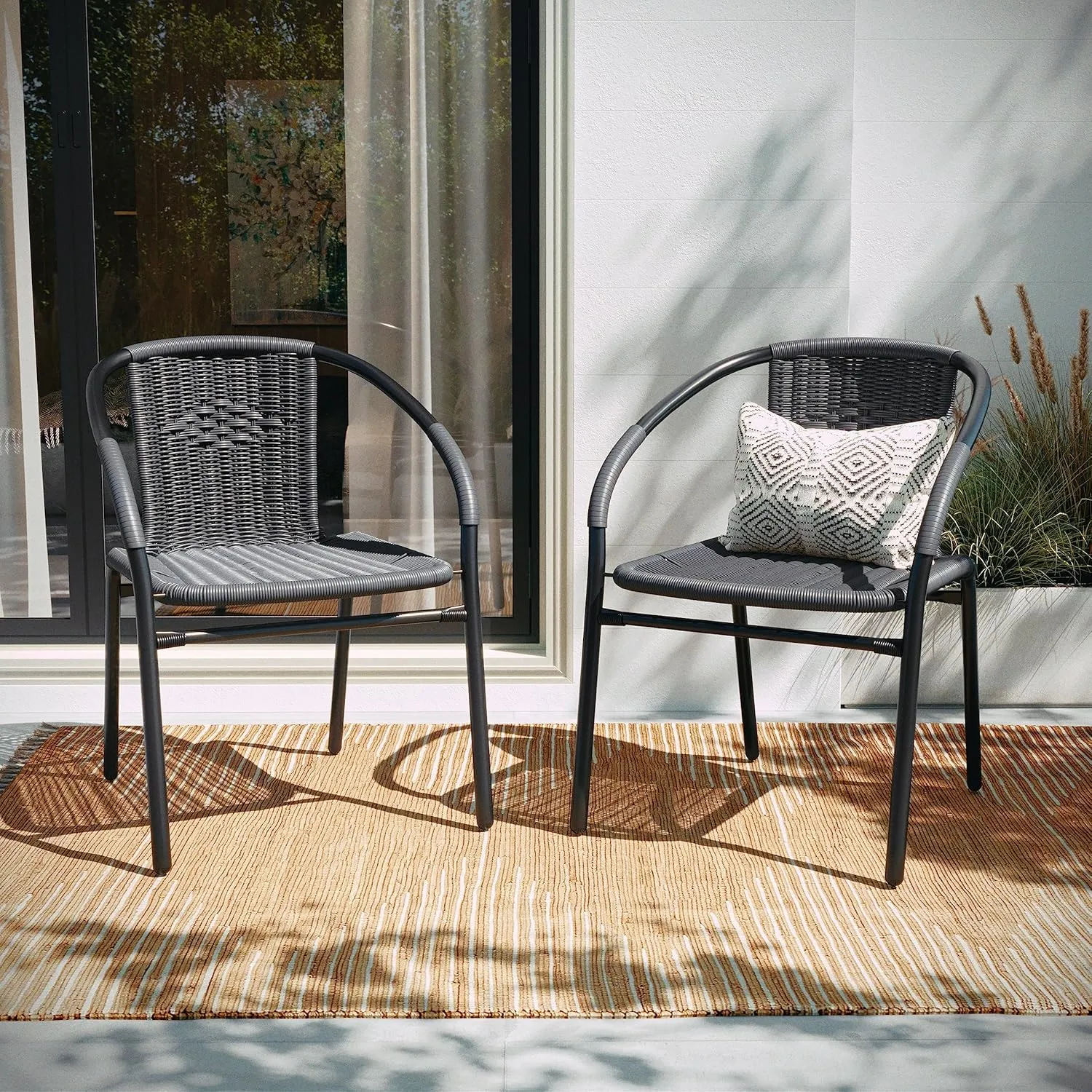 Flash Furniture Lila Modern Rattan Indoor/Outdoor Stackable Dining Chairs, Stacking Rattan Bistro Chairs for Patio or Restaurant, Set of 4, Gray