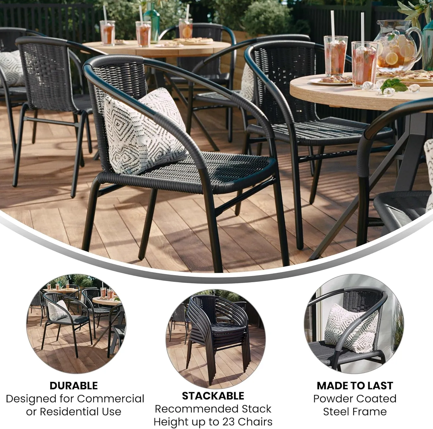 Flash Furniture Lila Modern Rattan Indoor/Outdoor Stackable Dining Chairs, Stacking Rattan Bistro Chairs for Patio or Restaurant, Set of 4, Gray