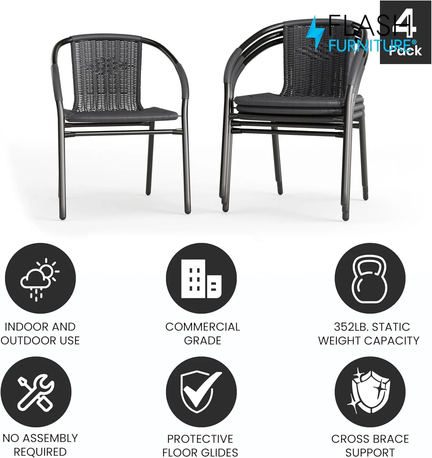 Flash Furniture Lila Modern Rattan Indoor/Outdoor Stackable Dining Chairs, Stacking Rattan Bistro Chairs for Patio or Restaurant, Set of 4, Gray