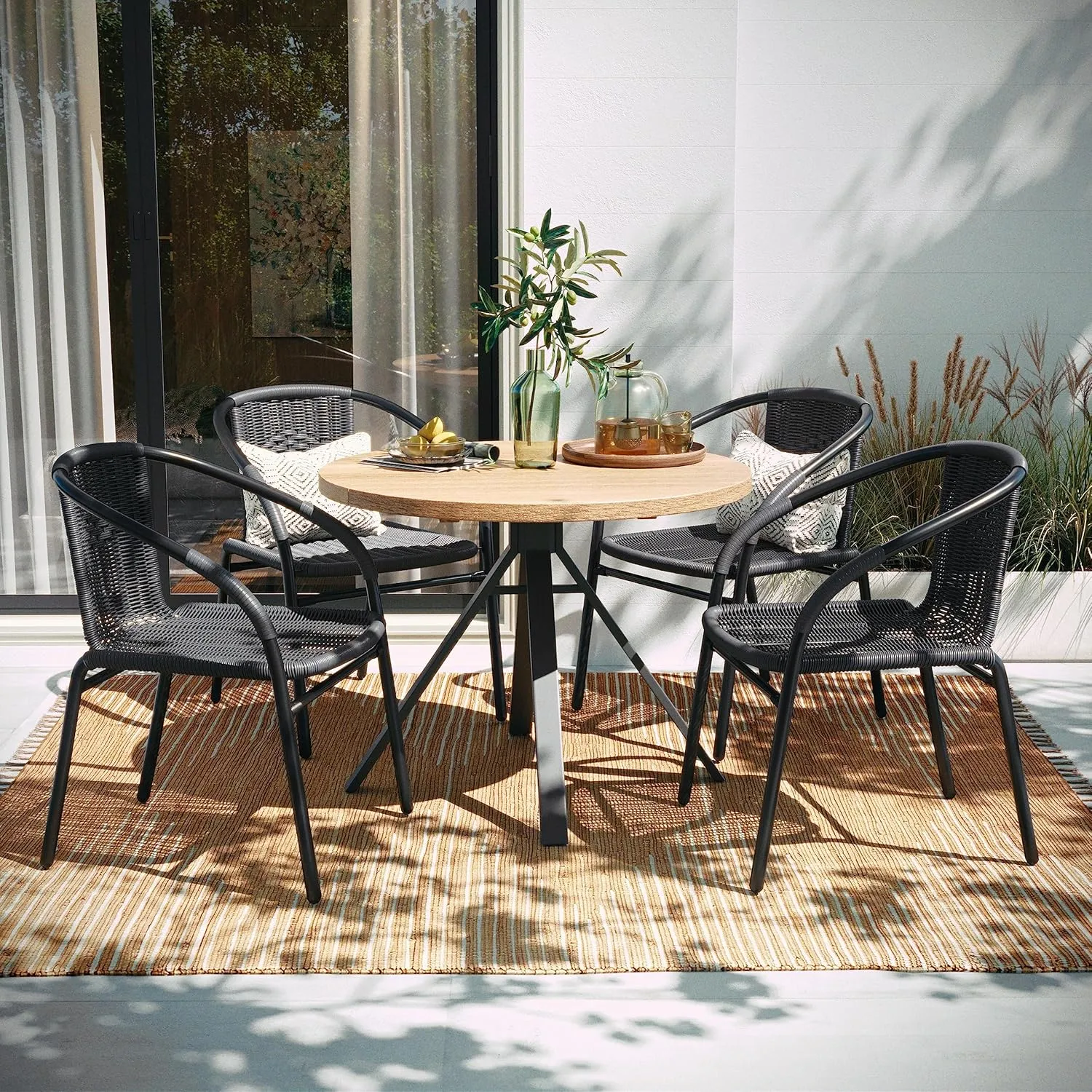 Flash Furniture Lila Modern Rattan Indoor/Outdoor Stackable Dining Chairs, Stacking Rattan Bistro Chairs for Patio or Restaurant, Set of 4, Gray