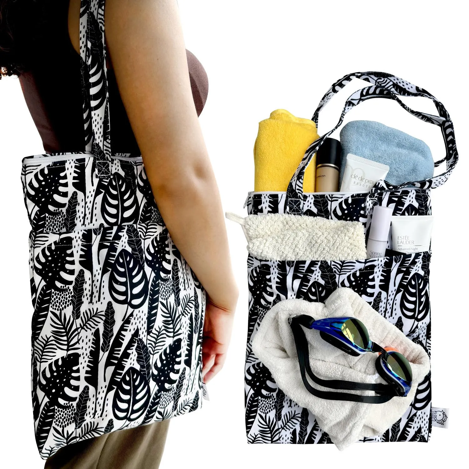 FLOCK THREE Waterproof wet bag tote reusable for wet clothes baby diapers stroller swimsuit travel washable toiletries pouch large electronics case 2 pack (Foral Fantasy)