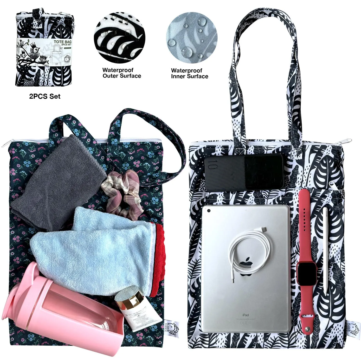 FLOCK THREE Waterproof wet bag tote reusable for wet clothes baby diapers stroller swimsuit travel washable toiletries pouch large electronics case 2 pack (Foral Fantasy)