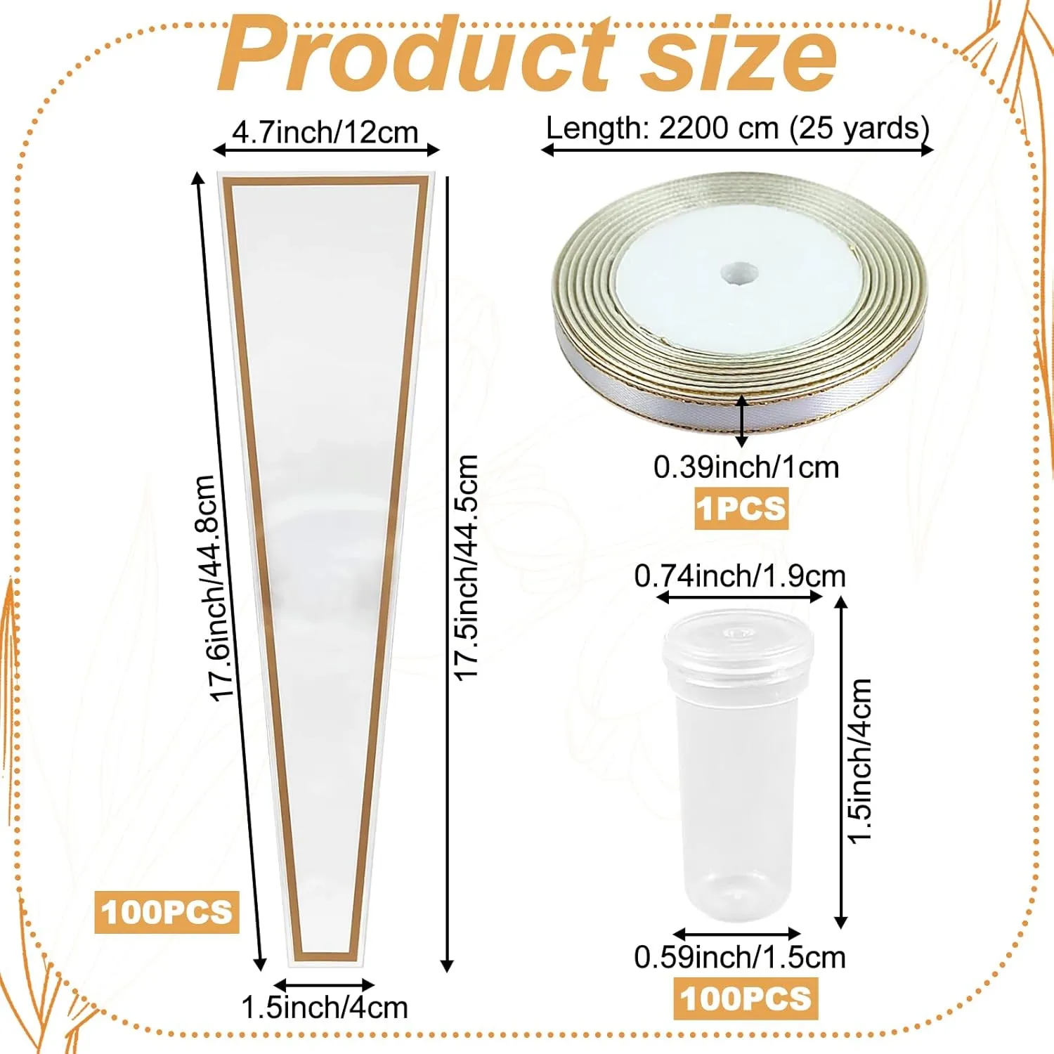 Flower Packaging Kit, 100 Flower Wrapping Bag Single Rose Sleeve 100 Floral Water Tubes 72ft Ribbon Single Flower Packaging Bags for Wedding Party Florist Birthday Bouquet Flower Wrapping (White)