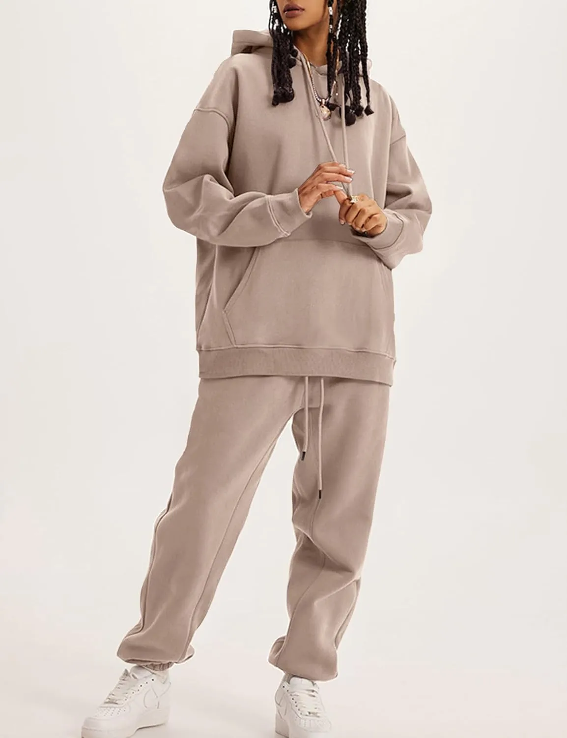 Flygo Womens Fleece 2 Piece Outfits Lounge Hoodie Sweatsuits Sets Oversized Sweatshirt Baggy Sweatpants Set W/Pockets