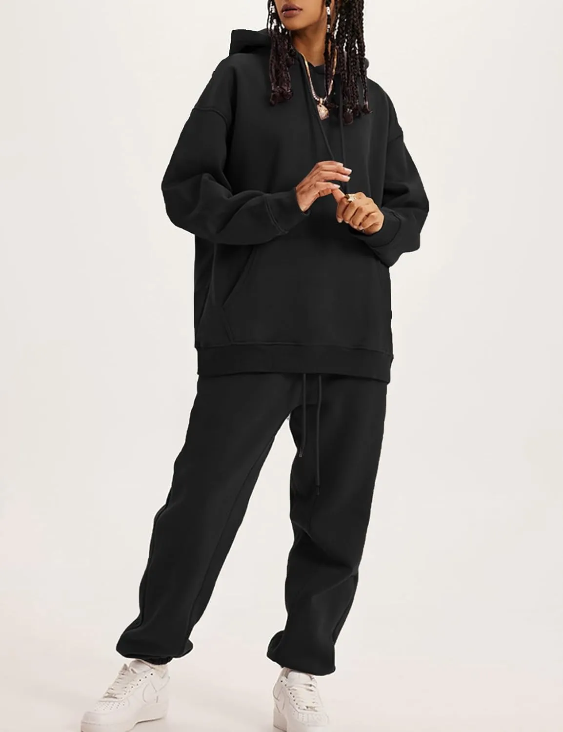 Flygo Womens Fleece 2 Piece Outfits Lounge Hoodie Sweatsuits Sets Oversized Sweatshirt Baggy Sweatpants Set W/Pockets