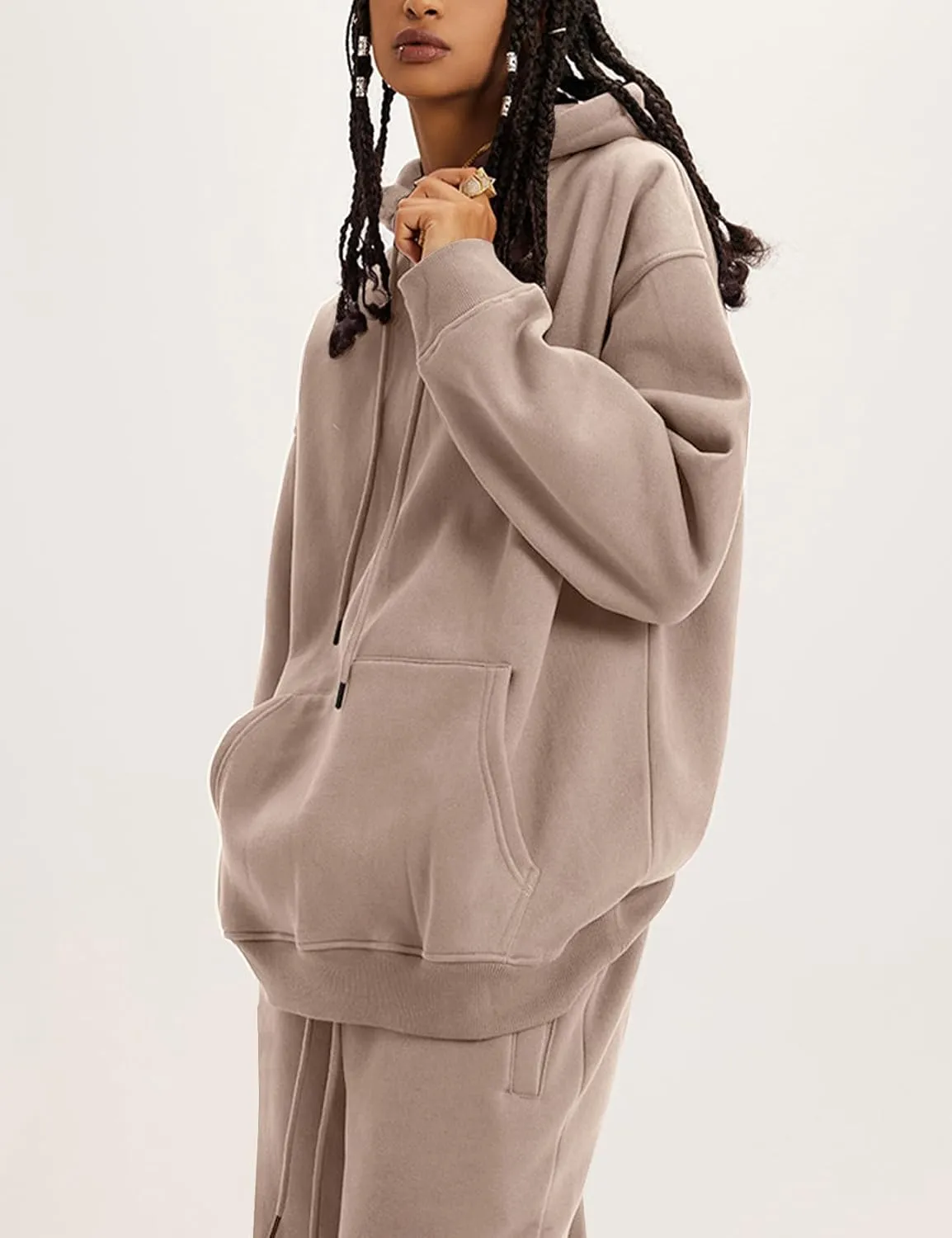 Flygo Womens Fleece 2 Piece Outfits Lounge Hoodie Sweatsuits Sets Oversized Sweatshirt Baggy Sweatpants Set W/Pockets