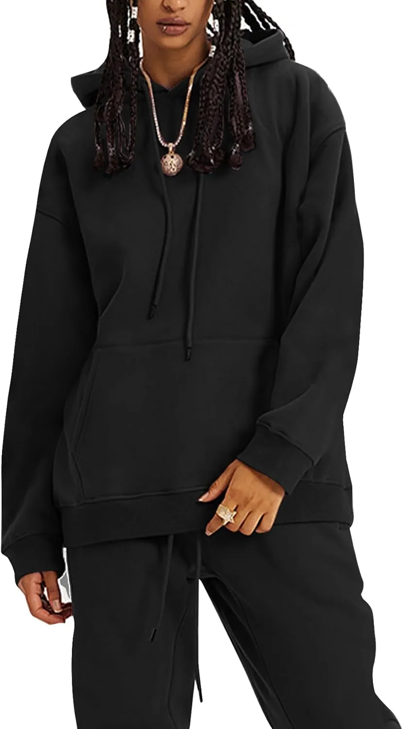 Flygo Womens Fleece 2 Piece Outfits Lounge Hoodie Sweatsuits Sets Oversized Sweatshirt Baggy Sweatpants Set W/Pockets