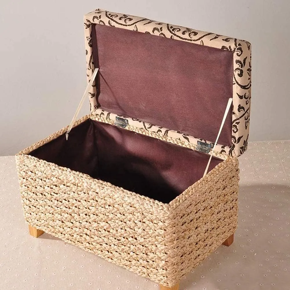 Foot Stool Braided Cushion Ottoman Storage Chest Manual Weaving Change Shoes Footstools Grass Vine Weaving Solid Wood Frame, 5 Sizes (Color : Beige, Size : 50x30x31cm)