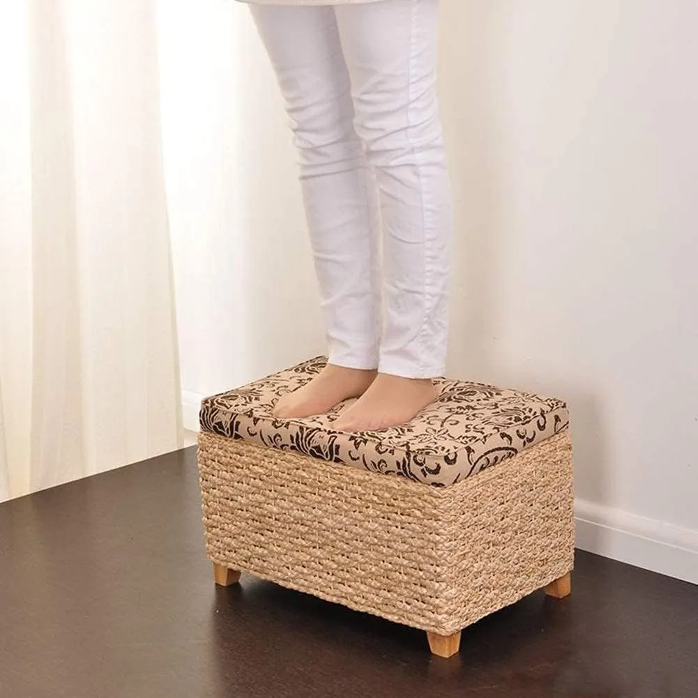 Foot Stool Braided Cushion Ottoman Storage Chest Manual Weaving Change Shoes Footstools Grass Vine Weaving Solid Wood Frame, 5 Sizes (Color : Beige, Size : 50x30x31cm)