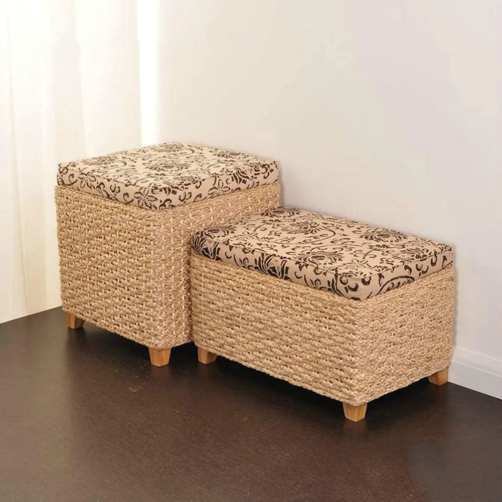 Foot Stool Braided Cushion Ottoman Storage Chest Manual Weaving Change Shoes Footstools Grass Vine Weaving Solid Wood Frame, 5 Sizes (Color : Beige, Size : 50x30x31cm)