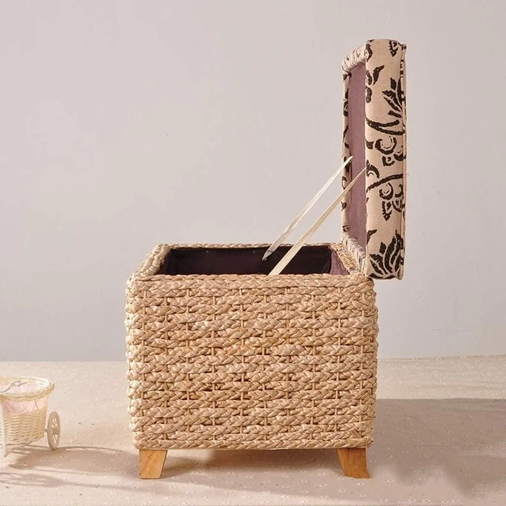 Foot Stool Braided Cushion Ottoman Storage Chest Manual Weaving Change Shoes Footstools Grass Vine Weaving Solid Wood Frame, 5 Sizes (Color : Beige, Size : 50x30x31cm)