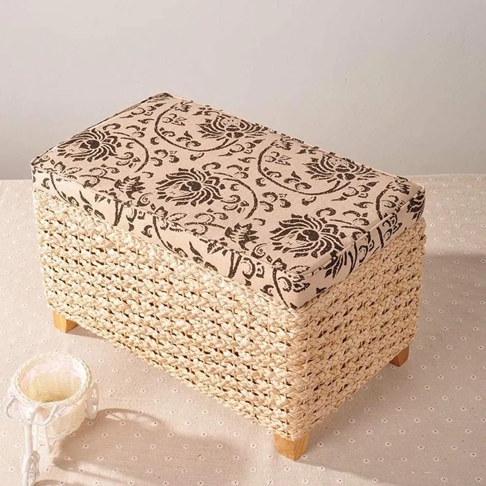 Foot Stool Braided Cushion Ottoman Storage Chest Manual Weaving Change Shoes Footstools Grass Vine Weaving Solid Wood Frame, 5 Sizes (Color : Beige, Size : 50x30x31cm)