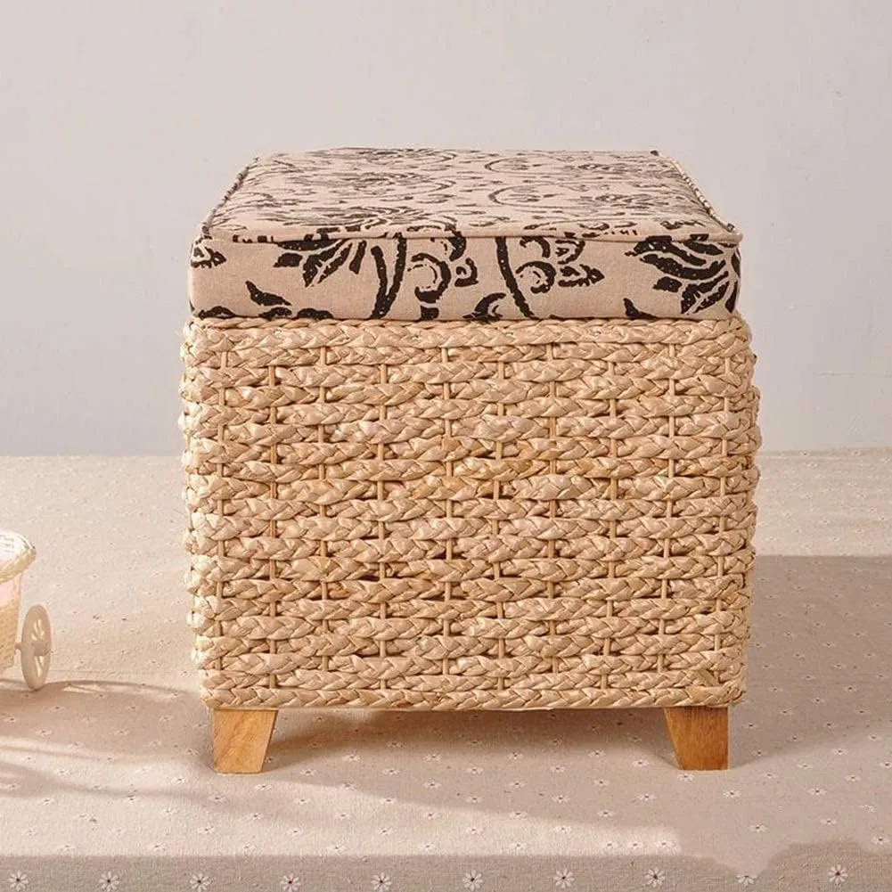 Foot Stool Braided Cushion Ottoman Storage Chest Manual Weaving Change Shoes Footstools Grass Vine Weaving Solid Wood Frame, 5 Sizes (Color : Beige, Size : 50x30x31cm)