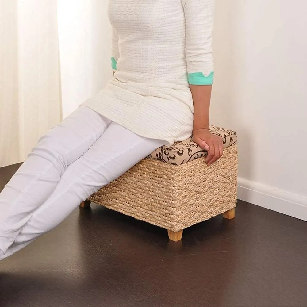 Foot Stool Braided Cushion Ottoman Storage Chest Manual Weaving Change Shoes Footstools Grass Vine Weaving Solid Wood Frame, 5 Sizes (Color : Beige, Size : 50x30x31cm)