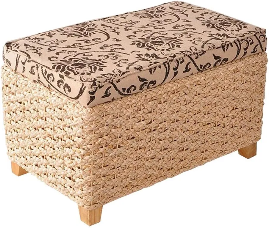 Foot Stool Braided Cushion Ottoman Storage Chest Manual Weaving Change Shoes Footstools Grass Vine Weaving Solid Wood Frame, 5 Sizes (Color : Beige, Size : 50x30x31cm)