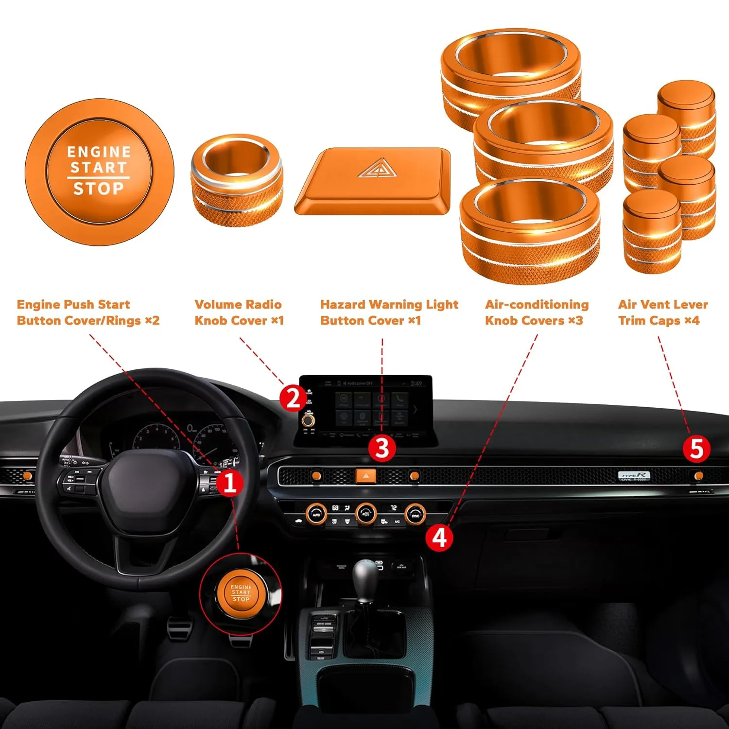 for Honda Civic Accessories 2025 2024 2023 2022, for CRV 2025 2024 2023, for Acura Integra 2025 2024 2023-Warning Light, A/C, Air Vent, Radio, Push Start Button Knob Cover 11pcs (Orange)