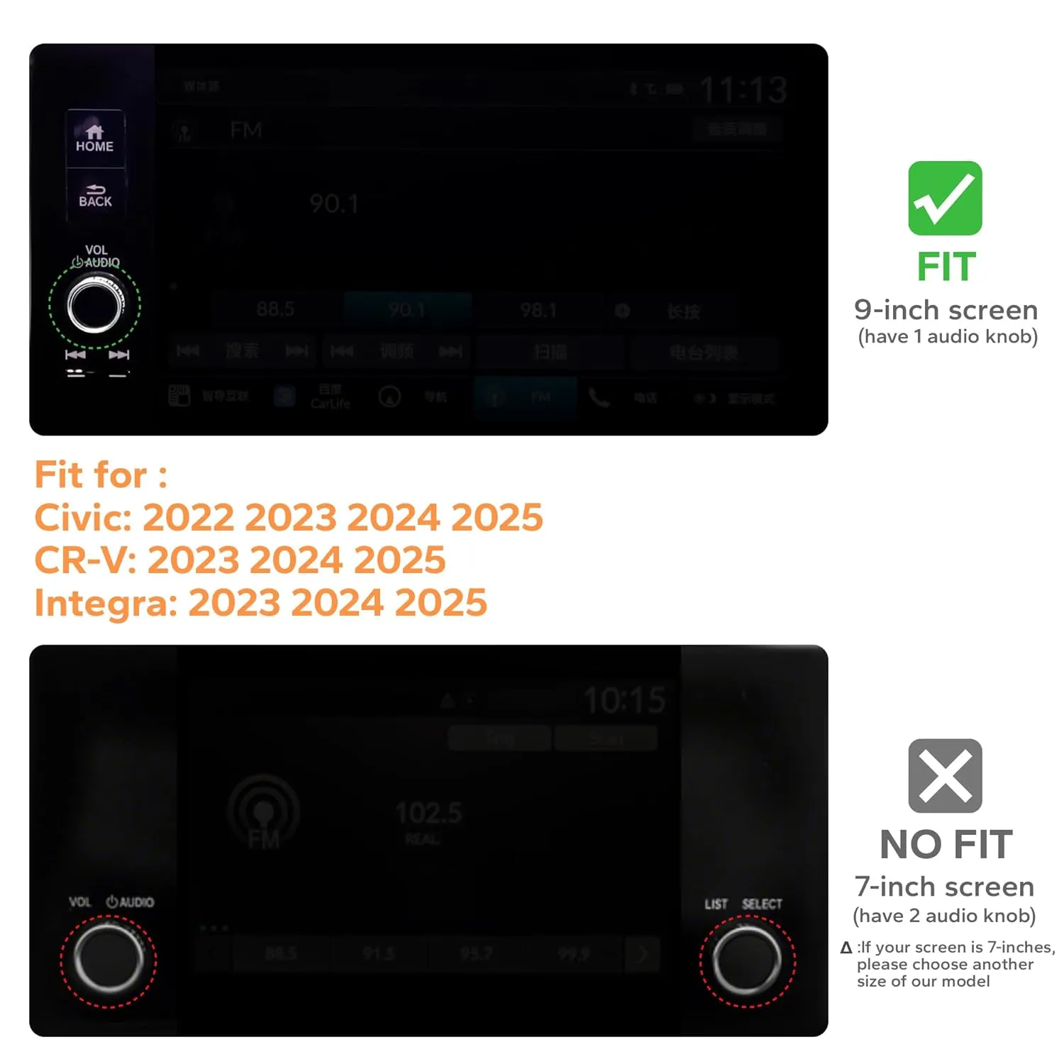 for Honda Civic Accessories 2025 2024 2023 2022, for CRV 2025 2024 2023, for Acura Integra 2025 2024 2023-Warning Light, A/C, Air Vent, Radio, Push Start Button Knob Cover 11pcs (Orange)