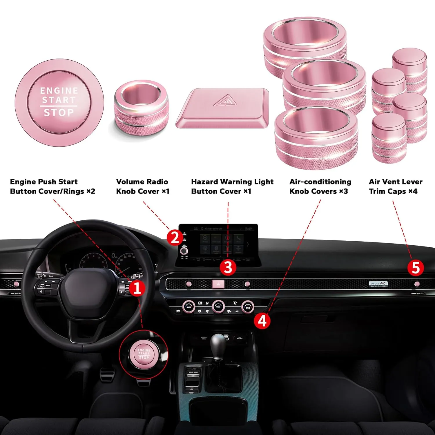 for Honda Civic Accessories 2025 2024 2023 2022, for CRV 2025 2024 2023, for Acura Integra 2025 2024 2023- Warning Light, A/C, Air Vent, Radio, Push Start Button Knob Cover/Ring 11pcs (Pink)